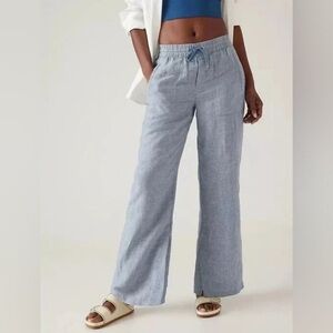 Athleta Retreat Linen High Rise Wide Leg Pant Chambray Blue 8T Tall